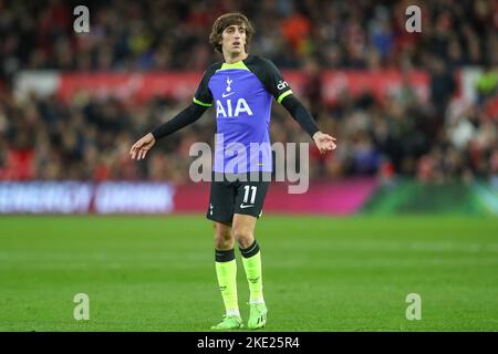 Nottingham, Regno Unito. 09th Nov 2022. Bryan Gil #11 di Tottenham Hotspur durante la partita del terzo round della Carabao Cup Nottingham Forest vs Tottenham Hotspur a City Ground, Nottingham, Regno Unito, 9th novembre 2022 (Photo by Gareth Evans/News Images) a Nottingham, Regno Unito il 11/9/2022. (Foto di Gareth Evans/News Images/Sipa USA) Credit: Sipa USA/Alamy Live News Foto Stock