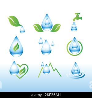Set Vector Water Splash and Drop isolato su bianco. Collezione vettoriale di loghi piatti acqua Splash e Drop. Illustrazione Vettoriale