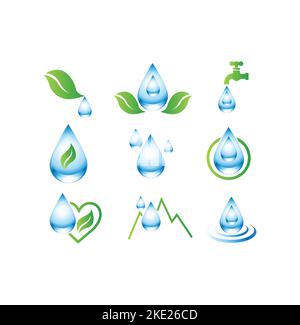 Icone per gocce, onde d'acqua, pioggia, montagne, natura. Logo della Società di acqua minerale. Illustrazione Vettoriale