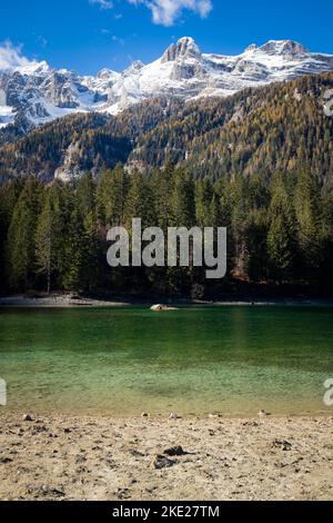 Le acque cristalline del Lago di Tovel, Trentino Alto Adige, Italia. Ripresa verticale con montagne sullo sfondo. Foto Stock