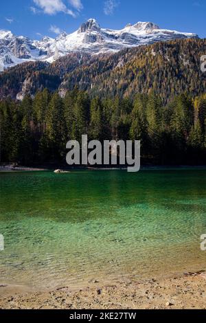 Le acque cristalline del Lago di Tovel, Trentino Alto Adige, Italia. Ripresa verticale con montagne sullo sfondo. Foto Stock