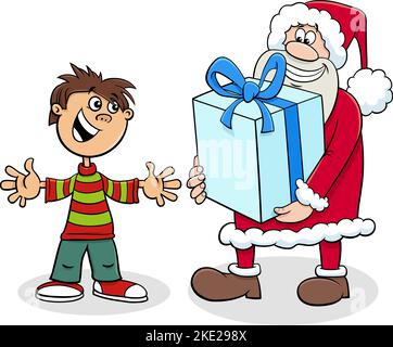 Illustrazione del cartone animato del carattere di Babbo Natale che dà un regalo di Natale al bambino piccolo Illustrazione Vettoriale