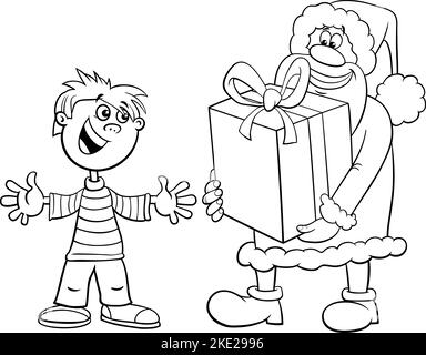 Illustrazione del cartone animato del carattere di Babbo Natale che dà un regalo di Natale alla pagina coloring del bambino Illustrazione Vettoriale