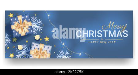 buon natale e felice nuovo design banner con una decorazione blu realistica Illustrazione Vettoriale
