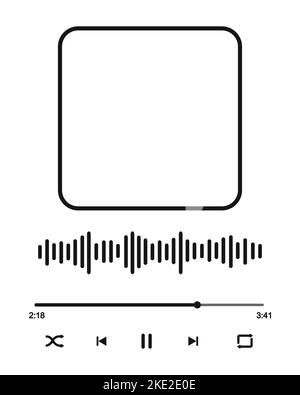 Interfaccia lettore musicale con cornice per copertina album, onda sonora, barra di caricamento dei brani con timer, bottom shuffle, riavvolgimento, pausa, avanzamento rapido, ripetere. Modello lettore audio. Illustrazione grafica vettoriale Illustrazione Vettoriale