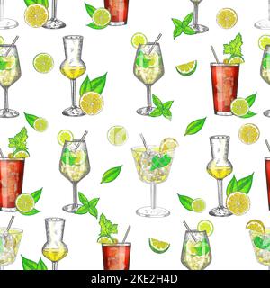 Modello con cocktail. Ripetizione modello con bevande estive. Illustrazioni disegnate a mano. Foto Stock