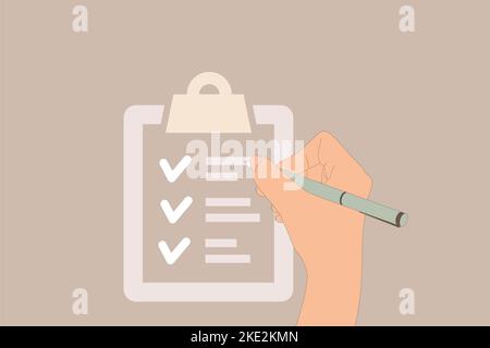 Tenere una penna e scrivere sulla clip board con segni di spunta e note. Quiz, elenco di cose da fare o questionario. Vista dall'alto. Illustrazione Vettoriale