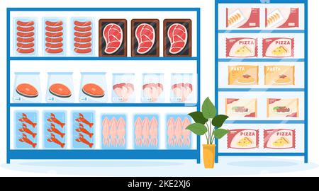 Frozen Food Store con prodotti aspirati utilizzando pellicola e astuccio imballaggio per essere freschi in mano modello di Cartoon trafilato Illustrazione Illustrazione Vettoriale