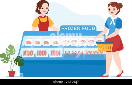 Frozen Food Store con prodotti aspirati utilizzando pellicola e astuccio imballaggio per essere freschi in mano modello di Cartoon trafilato Illustrazione Illustrazione Vettoriale