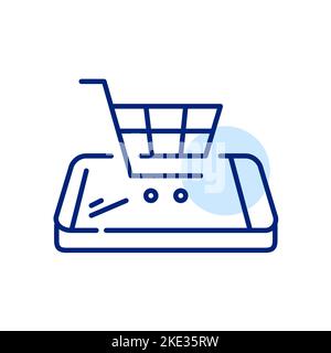 Carrello acquisti su smartphone isometrico. Icona della linea di tratto modificabile pixel Perfect Illustrazione Vettoriale