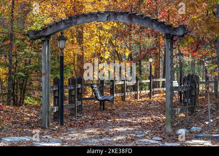 Da un'arcata a un percorso coperto di foglie al Tallulah Gorge state Park a Tallulah Falls, Georgia. (USA) Foto Stock