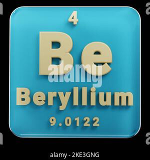 Belle illustrazioni astratte in piedi nero e rosso Beryllium 4 essere elemento della tavola periodica. Design moderno con elementi dorati, rendering 3D Foto Stock