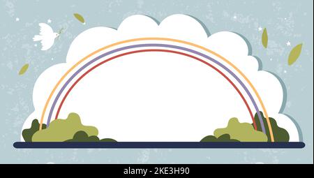 Paesaggio estivo soleggiato, banner festa per bambini, arcobaleno, nuvole e verde erba, spazio per il testo. Sfondo primaverile vettoriale per fattoria, asilo, scuola Illustrazione Vettoriale