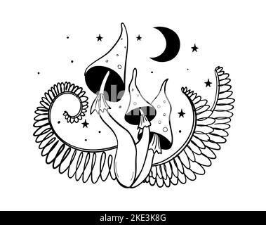 Fata mosca agarico con foglie di felce, mistico boho strega tatuaggio, concetto di microdosaggio. Disegno a linee isolato su sfondo bianco. Piante di foresta Illustrazione Vettoriale