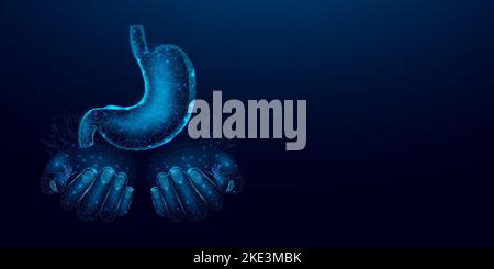 Due mani umane sono tiene lo stomaco umano. Concetto per medico, trattamento del sistema digestivo. Illustrazione astratta del vettore moderno 3D su blu scuro Illustrazione Vettoriale
