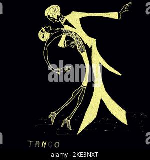 Mosse contrastanti: Digital art Square format dettaglio in nero e giallo di ‘Tango 1926’, un acquerello in stile cubista che raffigura una coppia ultrasottile che proietta una forma curvilinea mentre tango la notte. L'originale è stato disegnato, dipinto e firmato nel novembre 1925 dall'artista britannico R. Biass, forse come sua previsione di come la mania sudamericana di danza potrebbe svilupparsi. Foto Stock