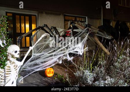 Una casa scozzese che celebra Halloween con un gigantesco ragno e scheletro decorazione. Foto Stock