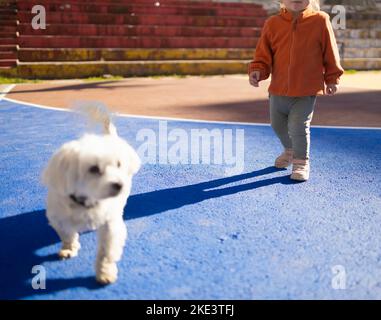 Bambino piccolo e il suo cane che gioca fuori Foto Stock