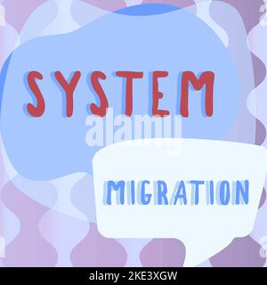 Firma che visualizza la migrazione del sistema. Panoramica aziendale passaggio dall'utilizzo di un ambiente operativo a un altro Foto Stock