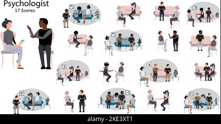 Set di psicologo consigliando persone singole e coppie. Illustrazione Vettoriale