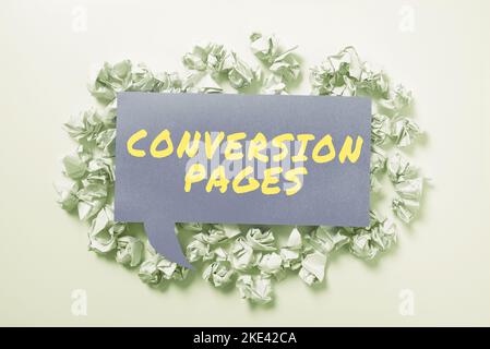 Pagine di conversione del segno di scrittura della mano. Il concetto di affari appare in risposta a scattarsi su un Search Engine Foto Stock