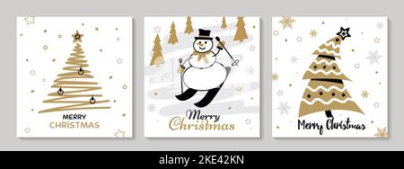 Set di carte natalizie, disegnate a mano. Con alberi d'oro di Natale, pupazzo di neve, fiocchi di neve, Illustrazione Vettoriale