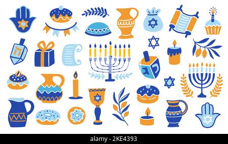 Happy Hanukkah doodle icone elementi set Illustrazione Vettoriale