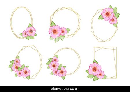 Romantico set di corone rosa con fiori di rosa disegnati a mano. Cornici geometriche in oro. Illustrazione Vettoriale