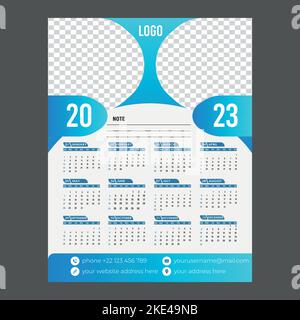 Il modello di calendario 2023 nei colori blu e bianco Illustrazione Vettoriale