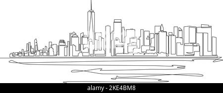 Disegno a linea singola dello skyline di New York City, Manhattan visto dall'illustrazione vettoriale della linea d'acqua Illustrazione Vettoriale