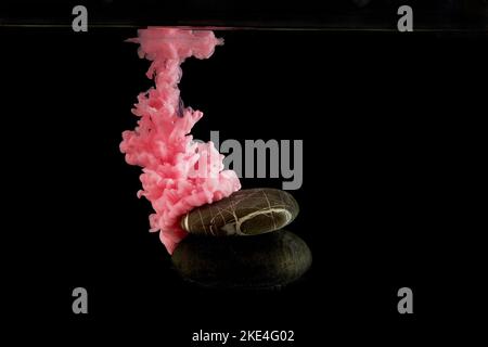 Vernice acrilica rosa in acqua nera.sfondo nero, layout perfetto per il tuo design. . Un podio in pietra naturale per il tuo prodotto cosmetico o gioielli. Foto Stock