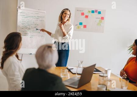 Felice giovane donna d'affari che fa una presentazione durante una riunione. Una donna d'affari creativa che condivide una nuova strategia con i suoi colleghi. Busi multiculturale Foto Stock