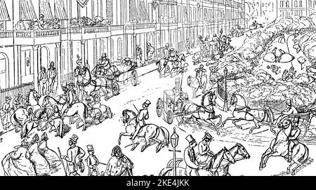 Una vista di Belgrave Square, Londra, 1864. Di Richard Doyle (1824-1883). Tratto da "Bird's-eye views of Society" di Doyle. Doyle’s Bird’s-Eye views of Society apparve in forma seriale sulla rivista Cornhill tra aprile 1861 e ottobre 1862. Foto Stock