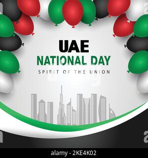 Happy National Day UAE. Vettore illustrazione bandiera e città. Poster, banner, modello di disegno Illustrazione Vettoriale