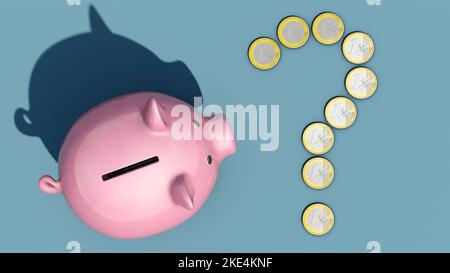 Banca di piggy con punto interrogativo fatto da monete in euro Foto Stock