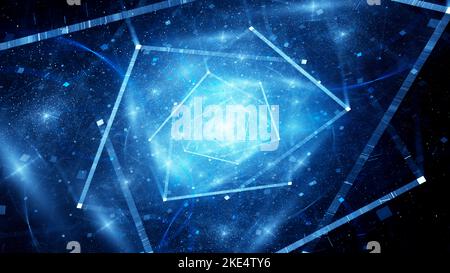 Linee e hub connessi luminosi blu nello spazio, sfondo astratto generato dal computer, rendering 3D Foto Stock