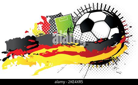 Pallone da calcio bianco e nero circondato da punti neri, rossi e gialli che formano la bandiera della Germania con un campo da calcio sullo sfondo. Immagine vettoriale Illustrazione Vettoriale