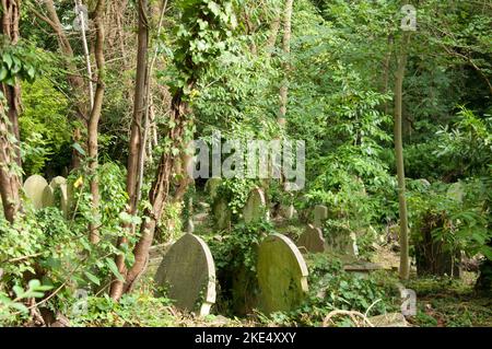 Tombstones, Highgate Cemetery, Highgate, Londra, Regno Unito. Aperto nel 1839 per aiutare ad affrontare il crescente bisogno di città di sepoltura in una Londra in rapida espansione, th Foto Stock