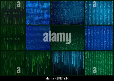 Set di sfondo astratto futuristico. Sfondo fantascientico in stile matrice. Flusso di dati binari generato da Rendom. Illustrazione vettoriale Illustrazione Vettoriale