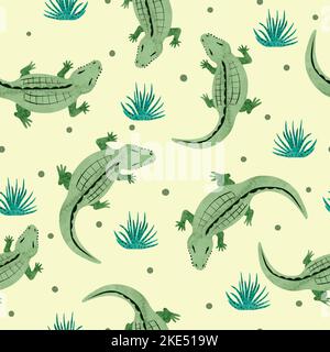 Modello a coccodrillo. Sfondo vettoriale senza cuciture con alligatori acquerelli. Illustrazione Vettoriale