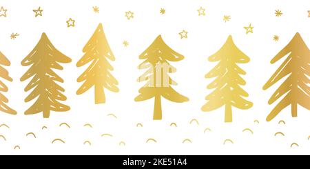 Senza cuciture vettore bordo oro foglio doodle alberi di Natale. Golden ripetizione albero di Natale modello orizzontale. Bordo festivo vettoriale per piè di pagina, intestazione Illustrazione Vettoriale