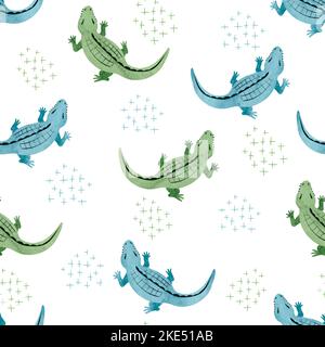Motivo a coccodrillo color acqua senza cuciture. Illustrazione vettoriale con alligatori. Illustrazione Vettoriale