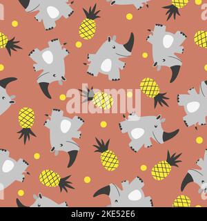 Modello senza cuciture con graziosi rinoceronti e ananas. Stampa bambino. Illustrazione Vettoriale