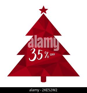 35% DI SCONTO. Trentacinque per cento di sconto. Trend triangolo 3D Rosso albero di Natale. Numeri calligrafici scritti a mano. Per Natale, Capodanno, VENDITA invernale. Illustrazione Vettoriale
