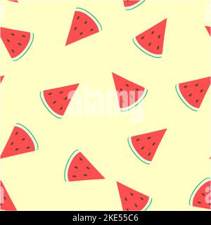 Fettine di anguria su sfondo beige. Pezzi di anguria su sfondo giallo chiaro. Ripetizione. Vettore. Illustrazione Vettoriale