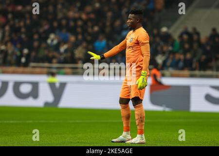 Milano, Italia. 09th Nov 2022. Andre Onana del FC Internazionale gestes durante la Serie Una partita di calcio 2022/23 tra FC Internazionale e Bologna FC allo Stadio Giuseppe Meazza di Milano. Punteggio finale: Inter 6 - 1 Bologna Credit: SOPA Images Limited/Alamy Live News Foto Stock