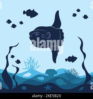 Sfondo marino con luna di pesce, mola mola, coralli. Oggetti vettoriali isolati. Illustrazione Vettoriale