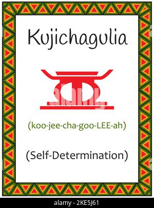 Una carta con uno dei principi Kwanzaa. Simbolo Kujichagulia significa autodeterminazione in Swahili. Poster con un modello etnico africano nella tradizione Illustrazione Vettoriale