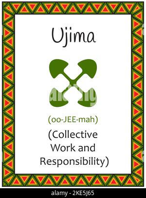 Una carta con uno dei principi Kwanzaa. Simbolo Ujiima significa lavoro collettivo e responsabilità in Swahili. Poster con un modello etnico africano in Illustrazione Vettoriale