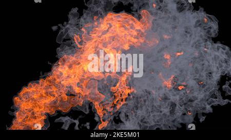 3D resa di scoppio di fuoco e fumo su sfondo nero Foto Stock